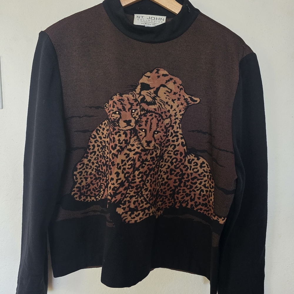 St. John Black and Brown Leopard Family Sweater